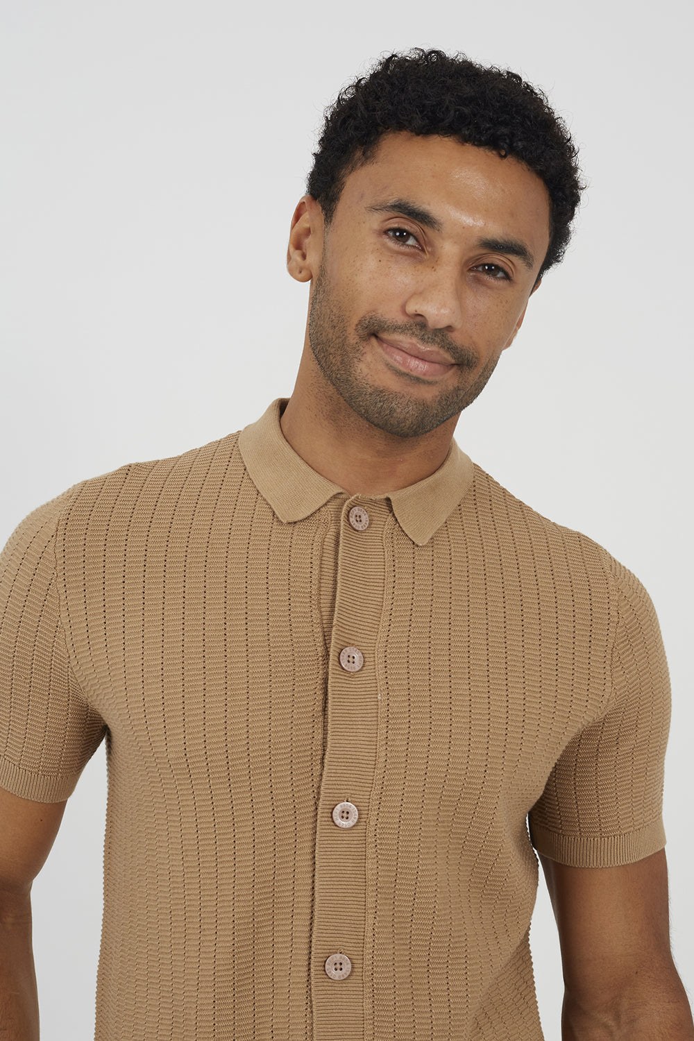 Brave Soul Tan Knitted Short Sleeve Shirt - Tan Image 4