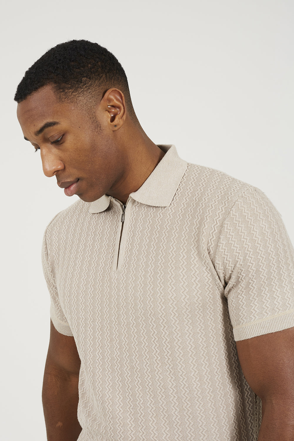 Brave Soul Stone Textured Zip Neck Knitted Polo - Stone Image 4