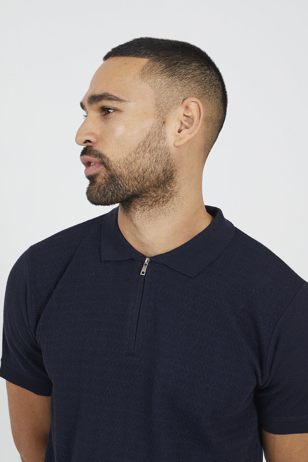Brave Soul Navy Textured Zip Neck Knitted Polo - Navy Image 4