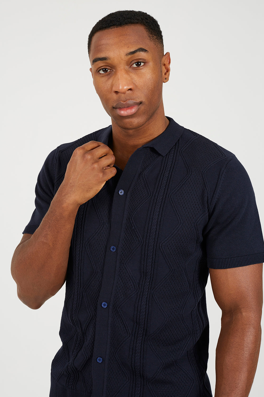 Brave Soul Navy Revere Collar Knitted Polo Shirt - Navy Image 4