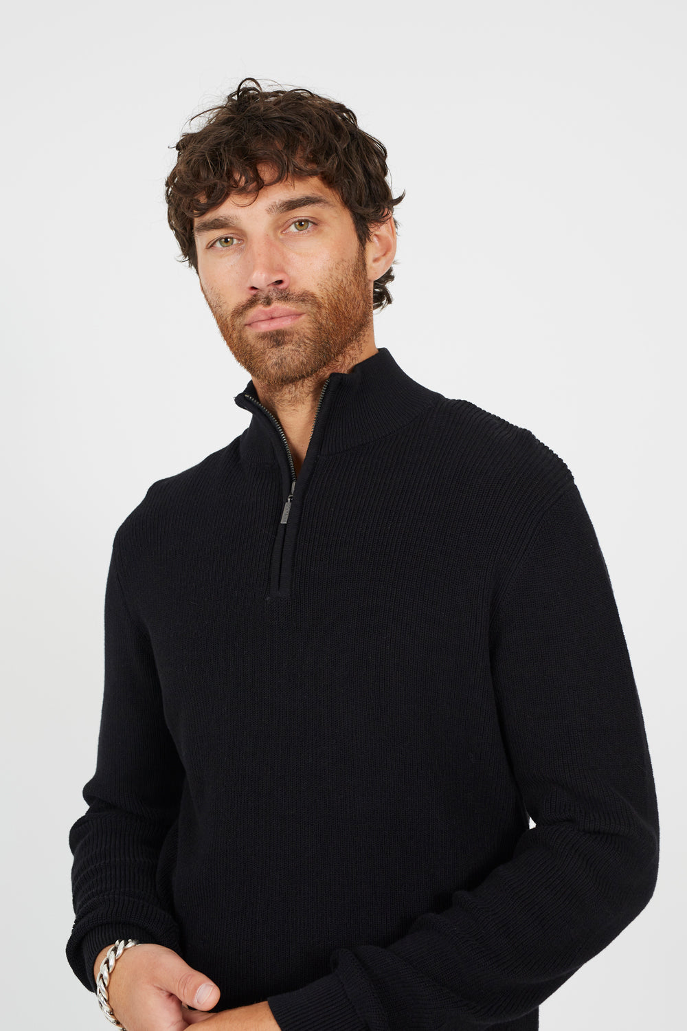 Brave Soul Black Cotton Quarter Zip Funnel Neck Knitted Jumper - Black Image 4