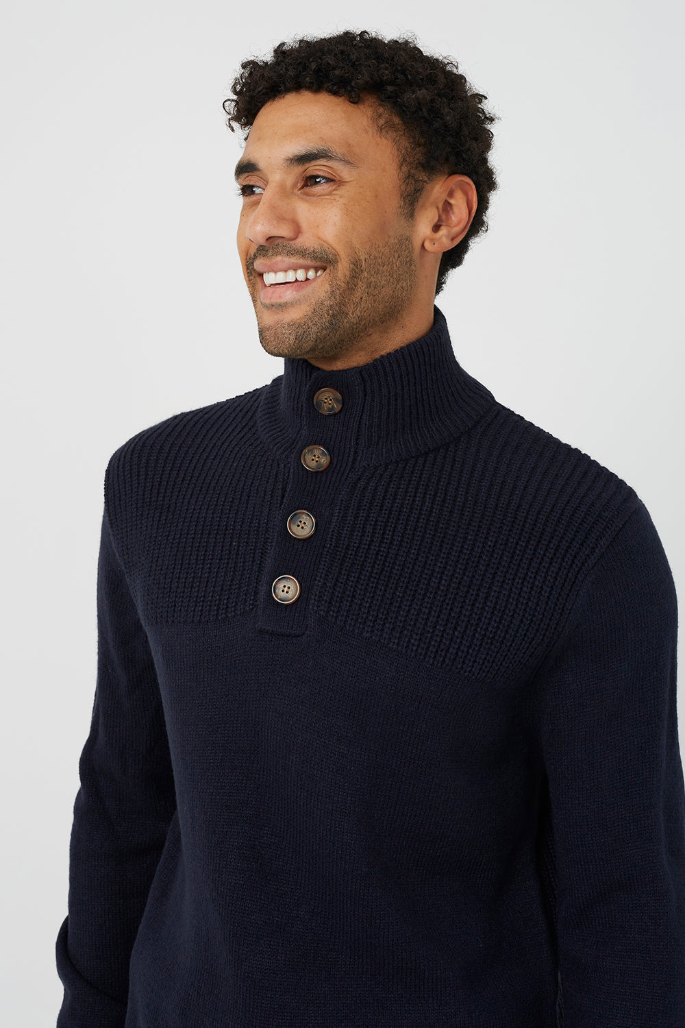 Brave Soul Navy Funnel Neck Jumper With Buttons - Navy Image 4