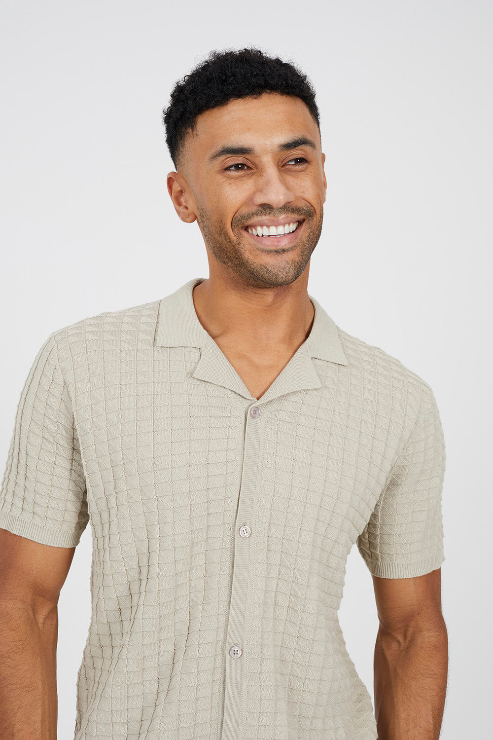 Brave Soul Light Stone Revere Collar Knitted Short Sleeve Shirt - Light Stone Image 4