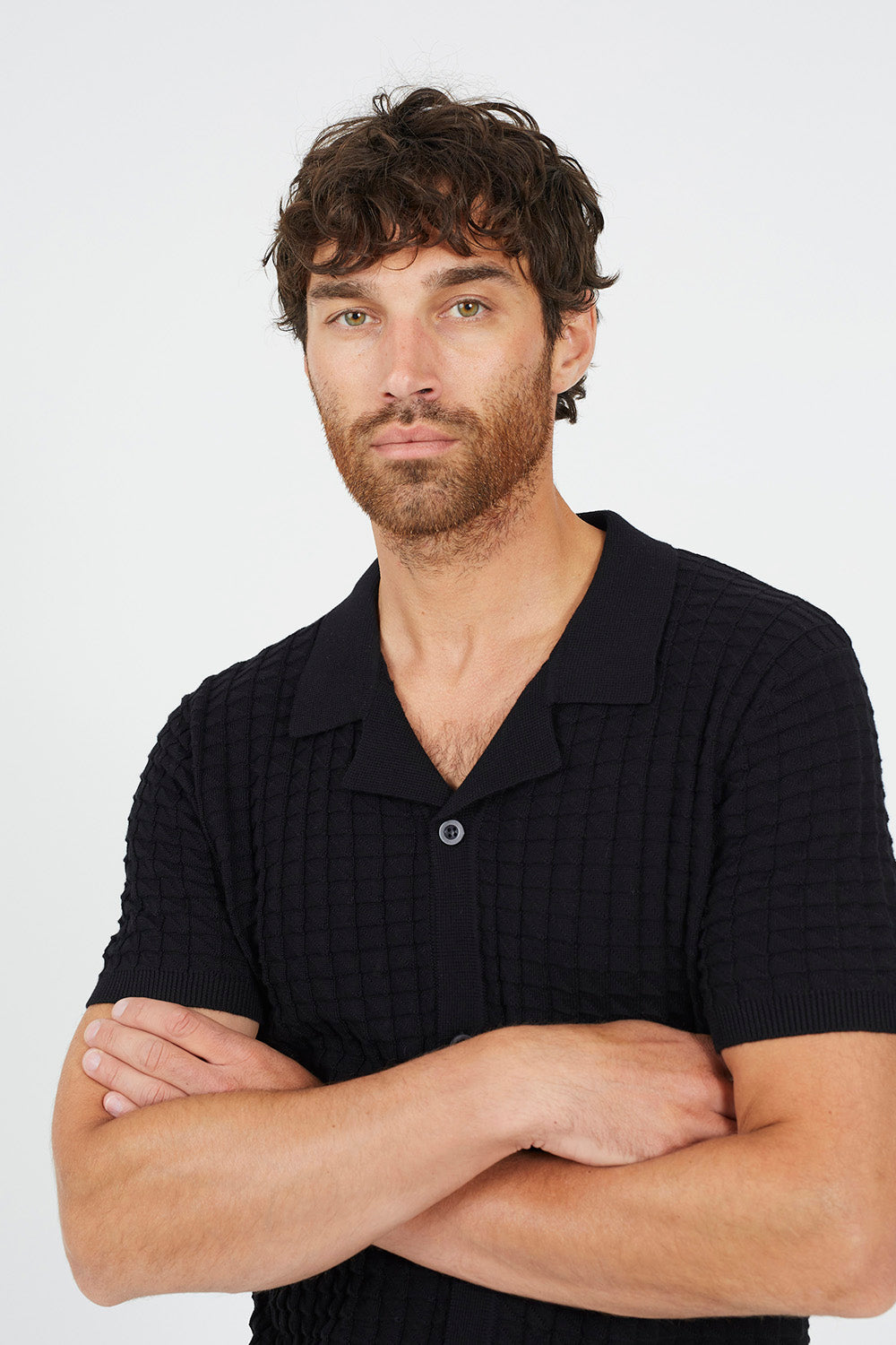Brave Soul Black Revere Collar Knitted Short Sleeve Shirt - Black Image 4