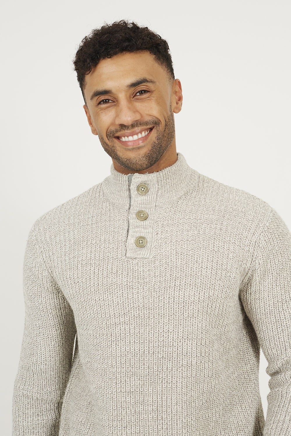 Brave Soul Natural Funnel Neck Jumper with Buttons - Natural Image 4