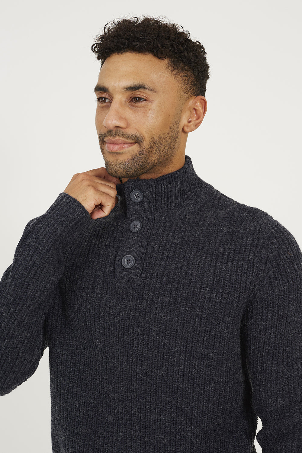 Brave Soul Navy Funnel Neck Jumper with Buttons - Navy Image 4