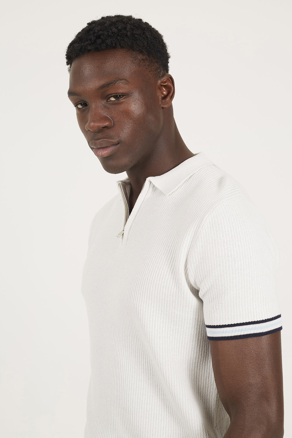 Brave Soul Natural Zip Neck Knitted Polo with Contract Trim - Natural Image 4