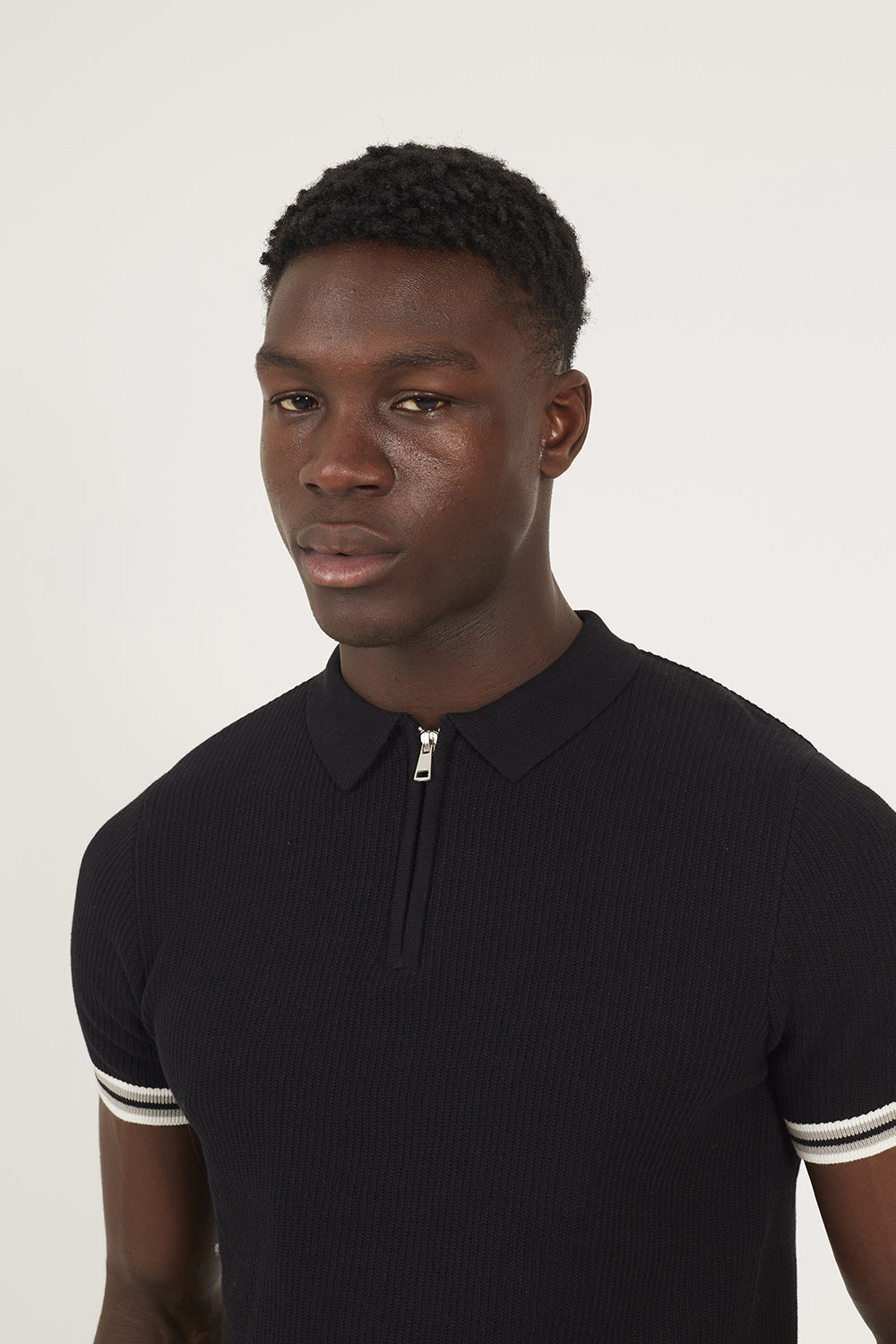 Brave Soul Black Zip Neck Knitted Polo with Contract Trim - Black Image 4
