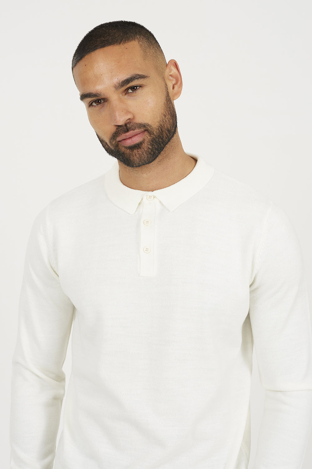 Brave Soul Off White Long Sleeve Knitted Polo - Off White Image 4