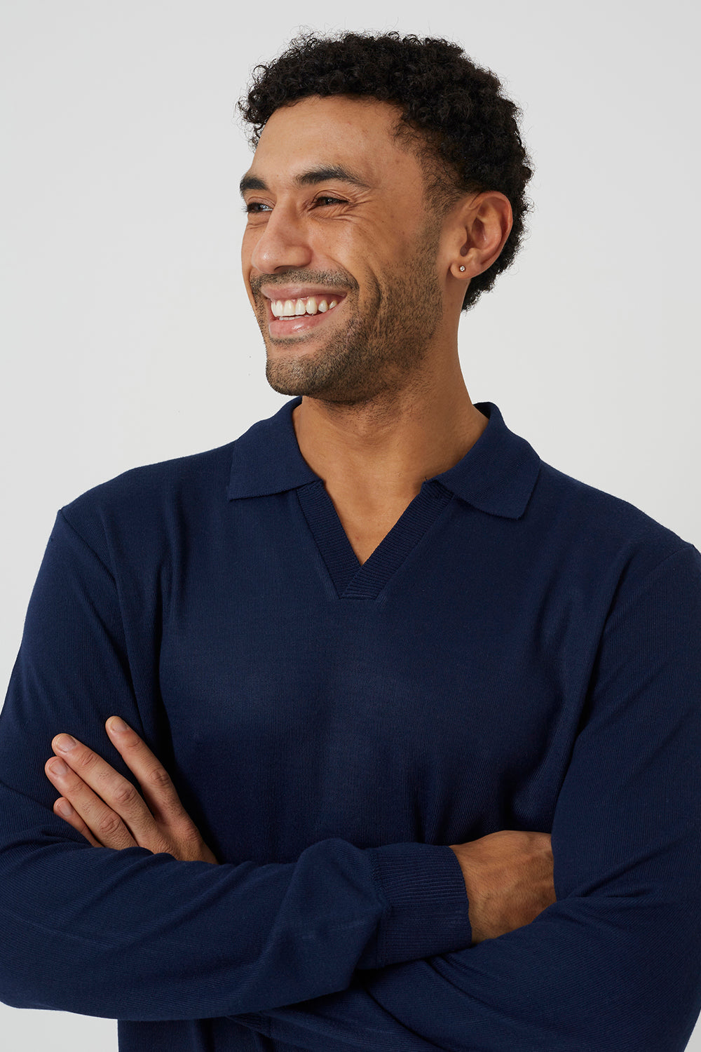 Brave Soul Dark Navy Trophy Neck Long Sleeve Knitted Polo Shirt - Dark Navy Image 3