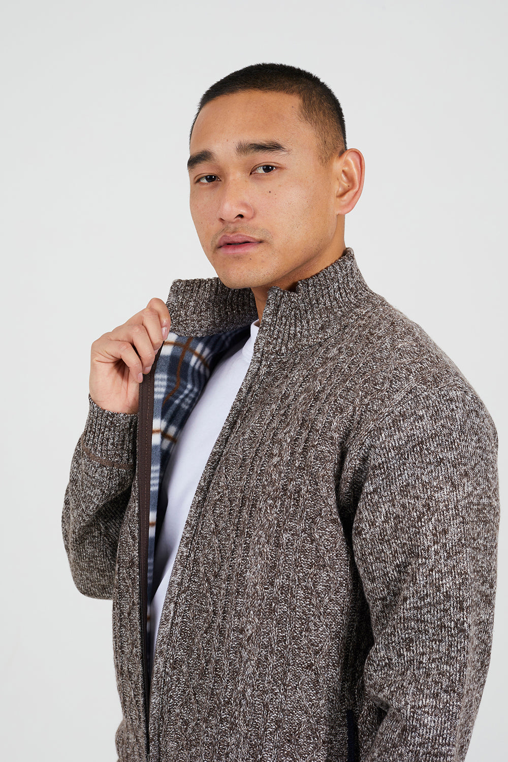 Brave Soul Brown Funnel Neck Waffle Knit Zip Through Cardigan - Brown Image 4