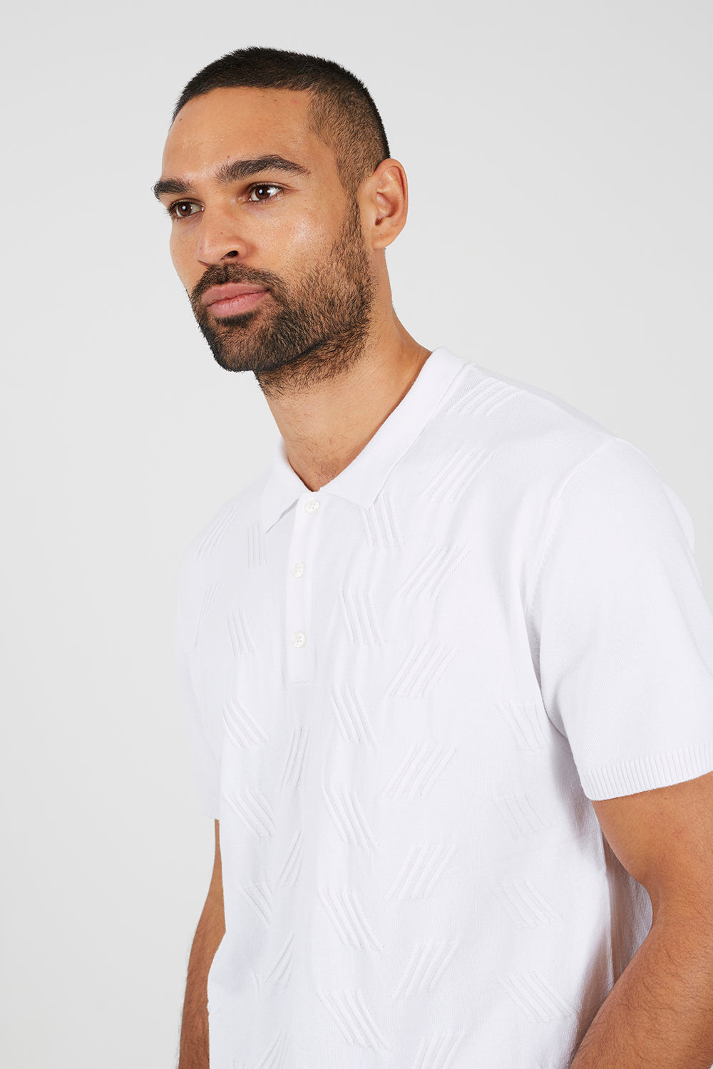 Brave Soul White Jacquard Knit Short Sleeve Polo Shirt - White Image 4