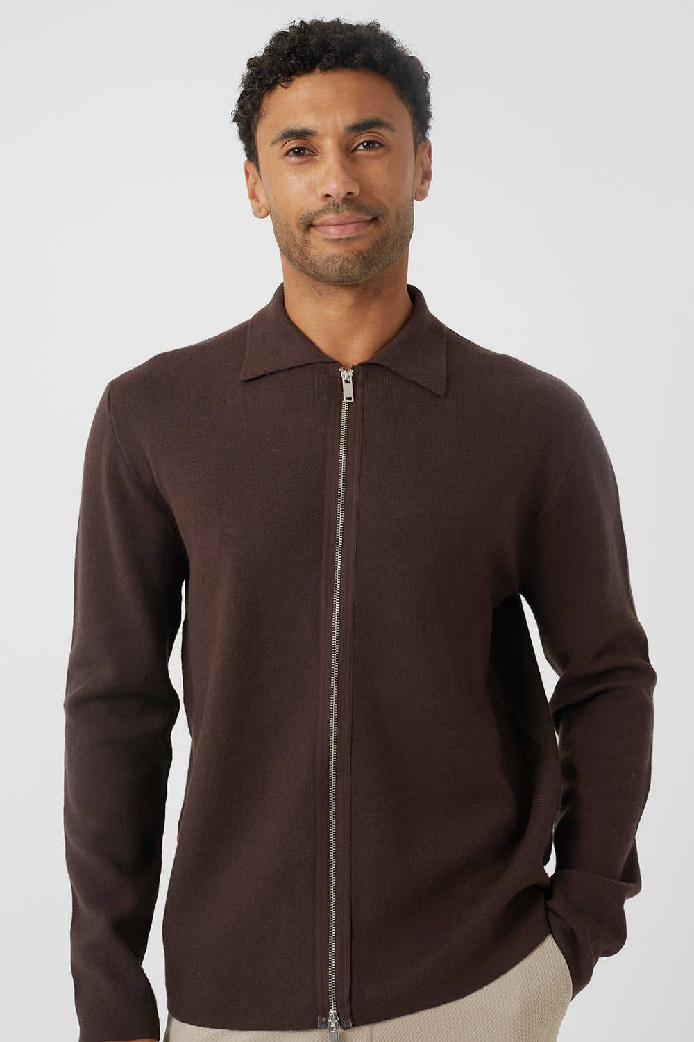 Brave Soul Chocolate Collared Zip Through Cardigan - Chocolate Image 4
