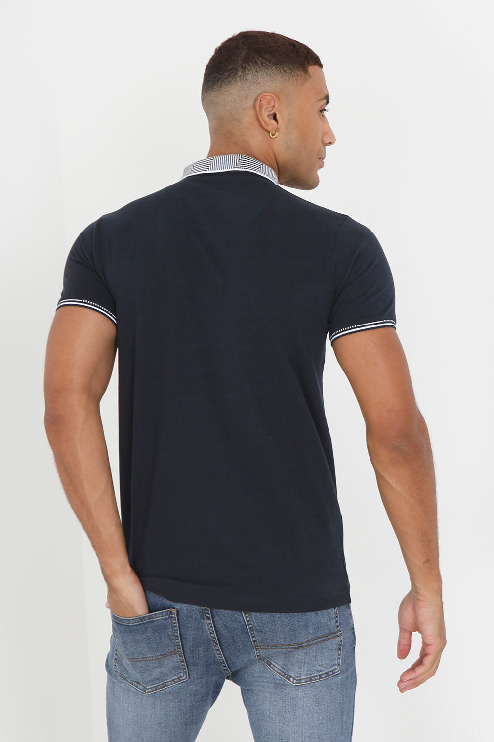 Brave Soul Navy Short Sleeve Jacquard Collar Jersey Polo Shirt - Navy Image 2