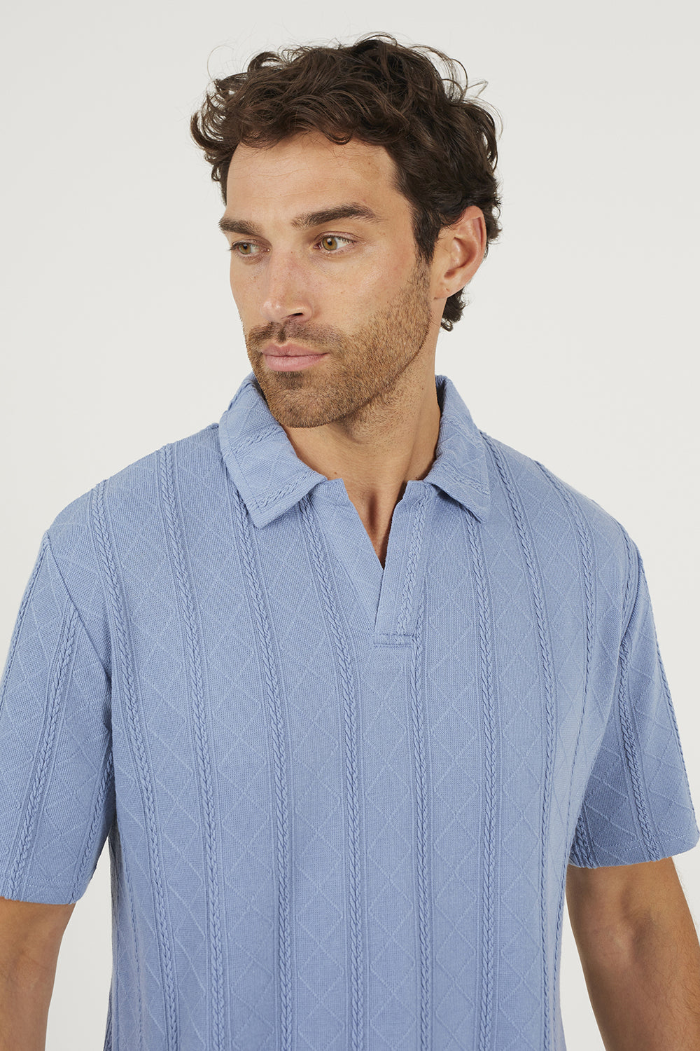 Brave Soul Blue Jacquard Trophy Neck Polo Shirt - Blue Image 4