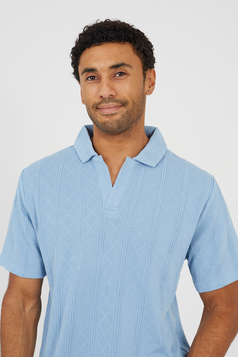 Brave Soul Light Blue Jacquard Trophy Neck Polo Shirt - Light Blue Image 4