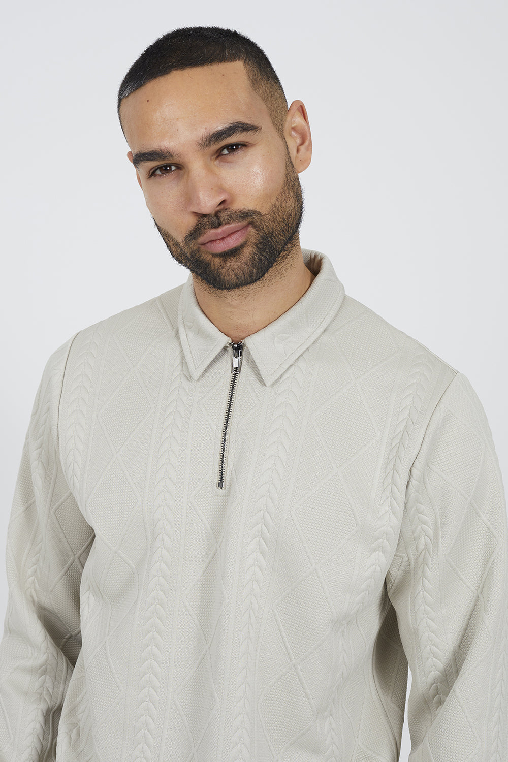 Brave Soul Stone Long Sleeve Jacquard Zip Polo - Stone Image 4