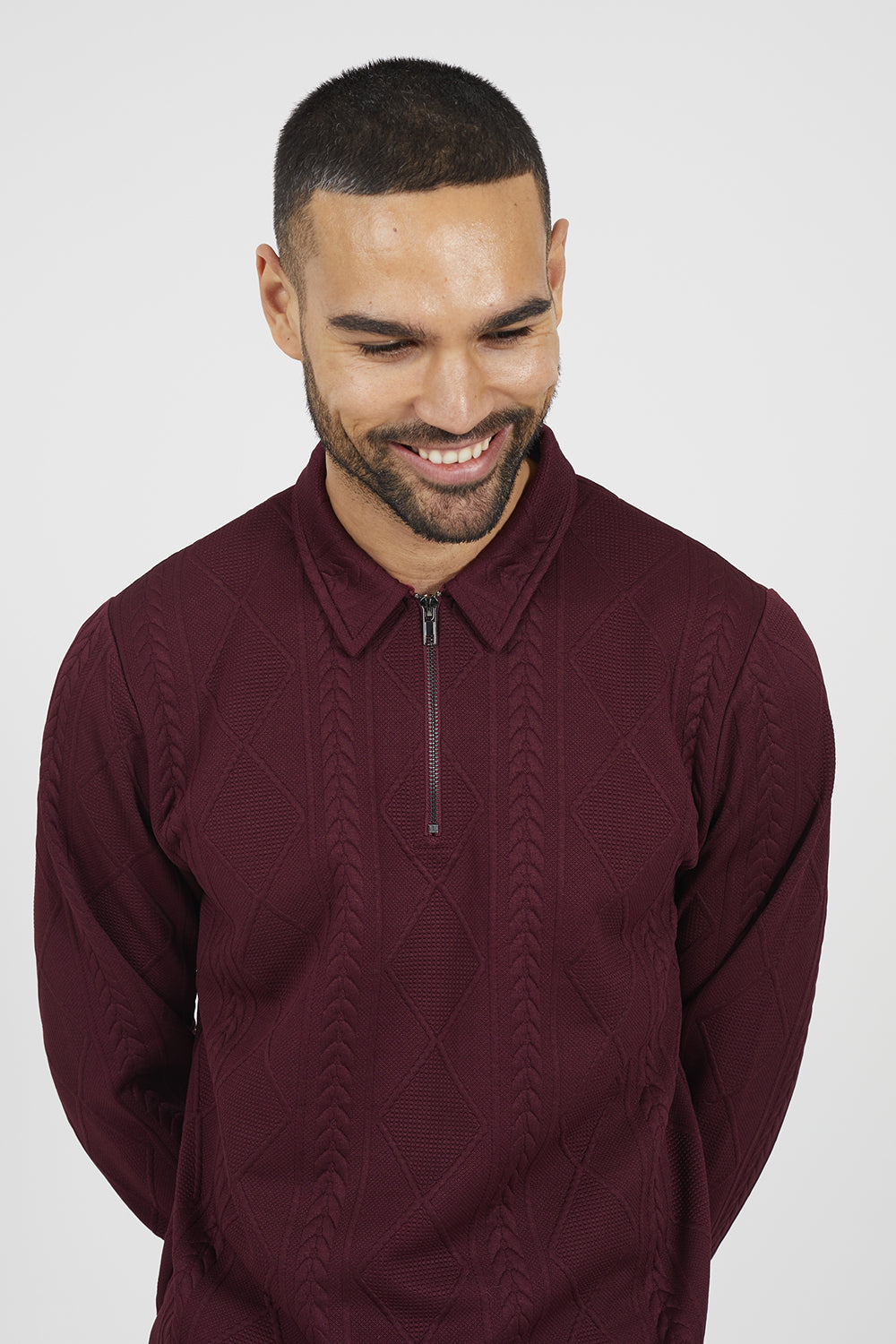 Brave Soul Burgundy Long Sleeve Jacquard Zip Polo - Burgundy Image 4