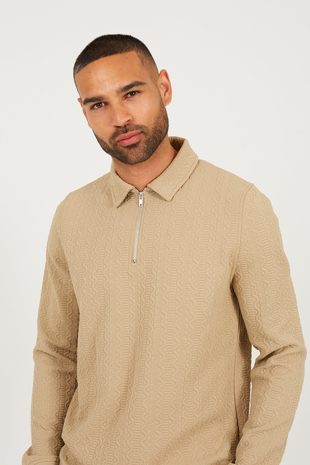 Brave Soul Stone Long Sleeve Polo with Quarter Zip - Stone Image 4