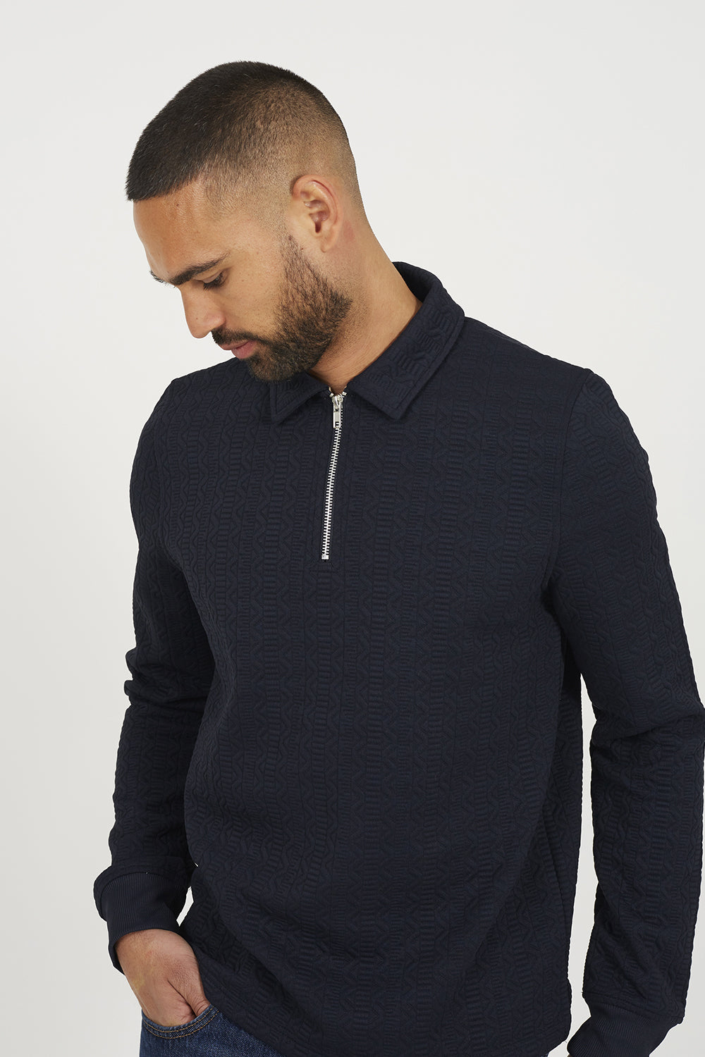 Brave Soul Navy Long Sleeve Polo with Quarter Zip - Navy Image 4