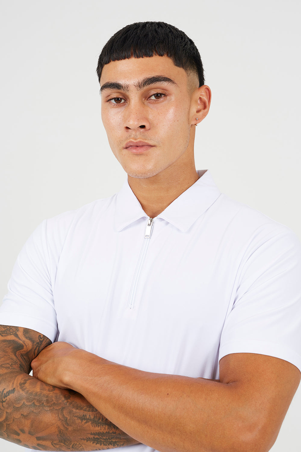 Brave Soul White Cotton Polo Top with Quarter Zip - White Image 4