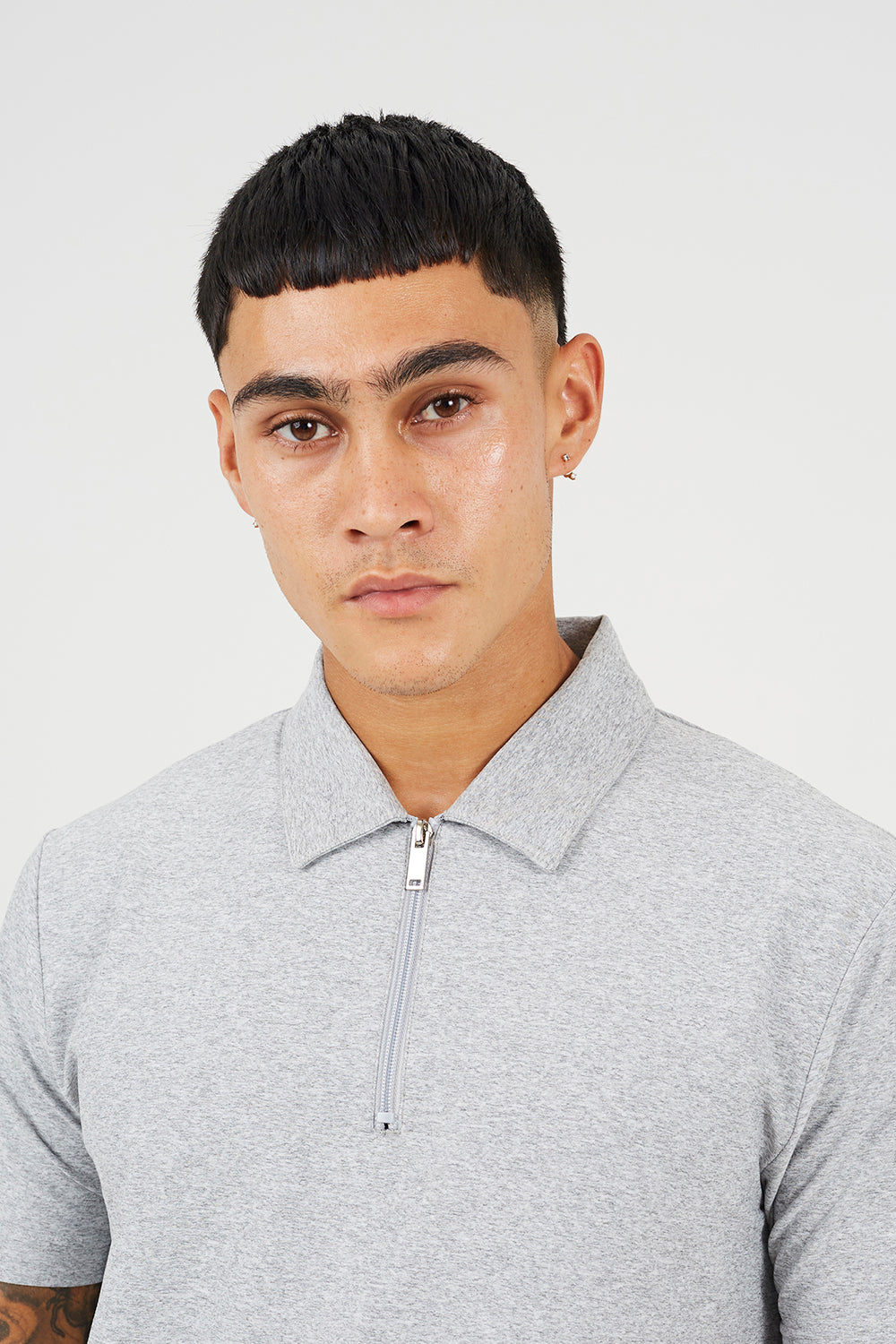 Brave Soul Light Grey Cotton Polo Top with Quarter Zip - Light Grey Image 4