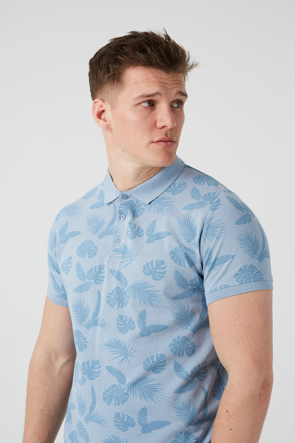 Brave Soul Blue Leaf Print Cotton Polo Shirt - Blue Image 4