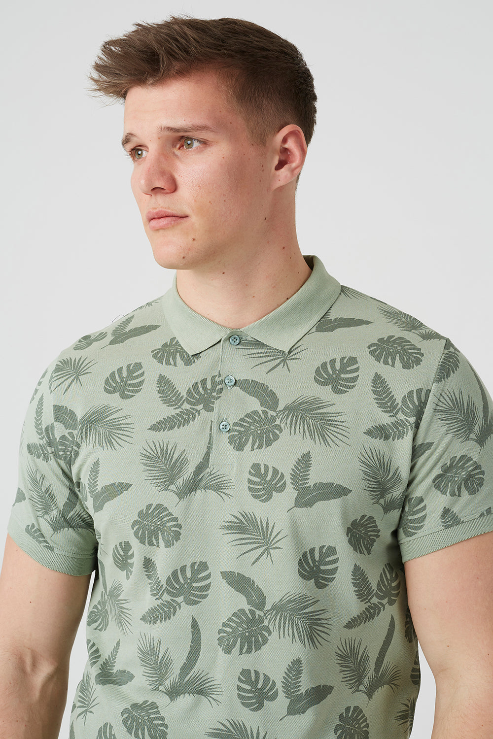 Brave Soul Mint Leaf Print Cotton Polo Shirt - Mint Image 4
