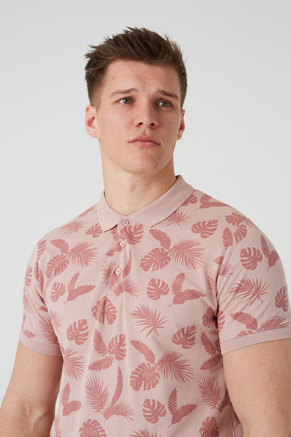 Brave Soul Pink Leaf Print Cotton Polo Shirt - Pink Image 4