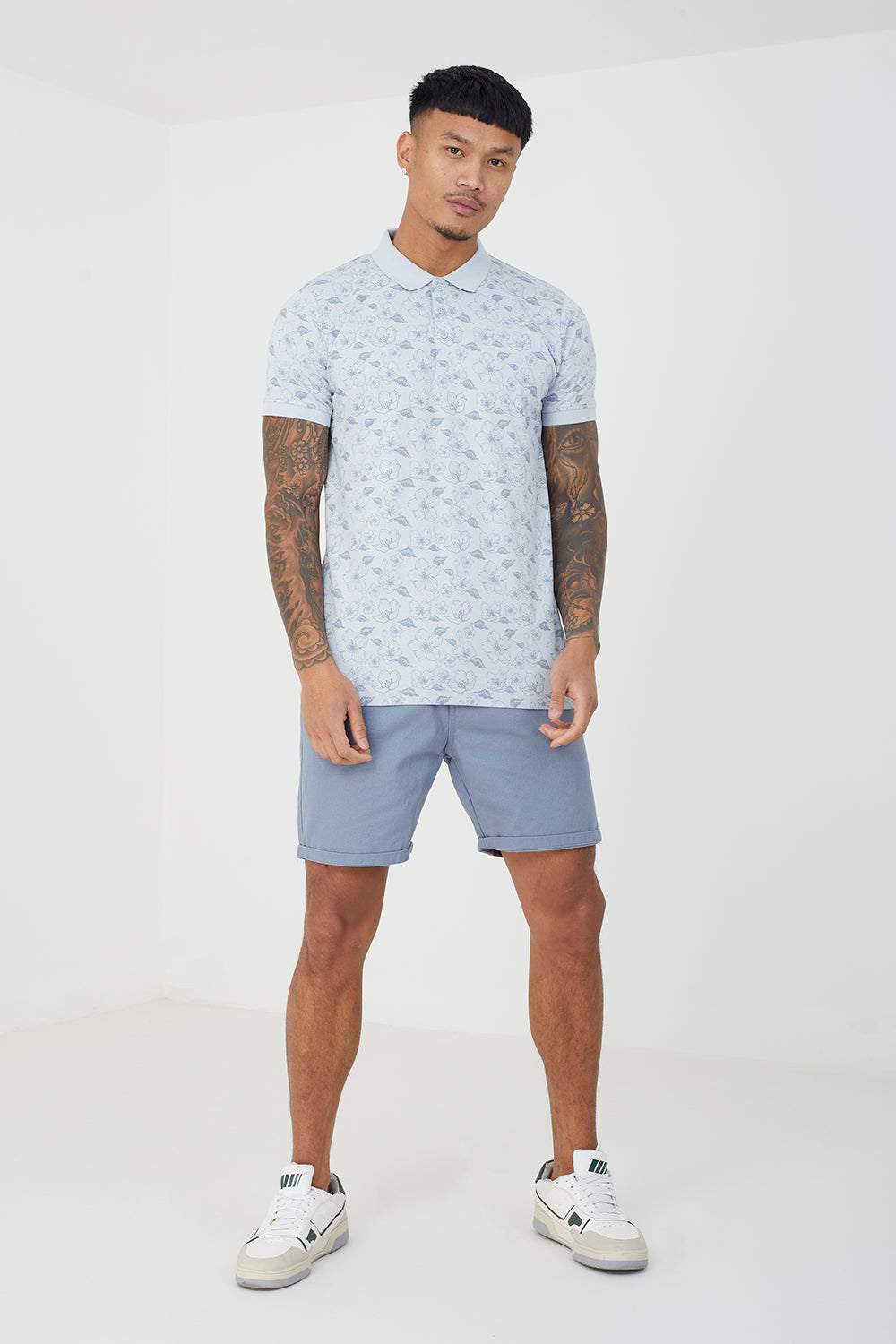 Brave Soul Baby Blue Cotton Print Polo Shirt - Baby Blue Image 3