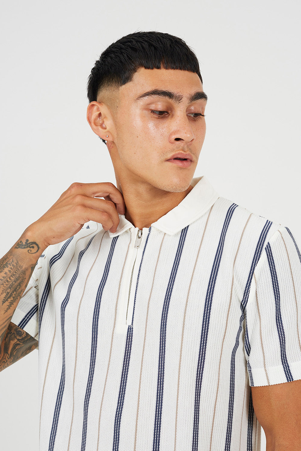 Brave Soul Cream Polo Shirt with Quarter Zip - Cream Image 4
