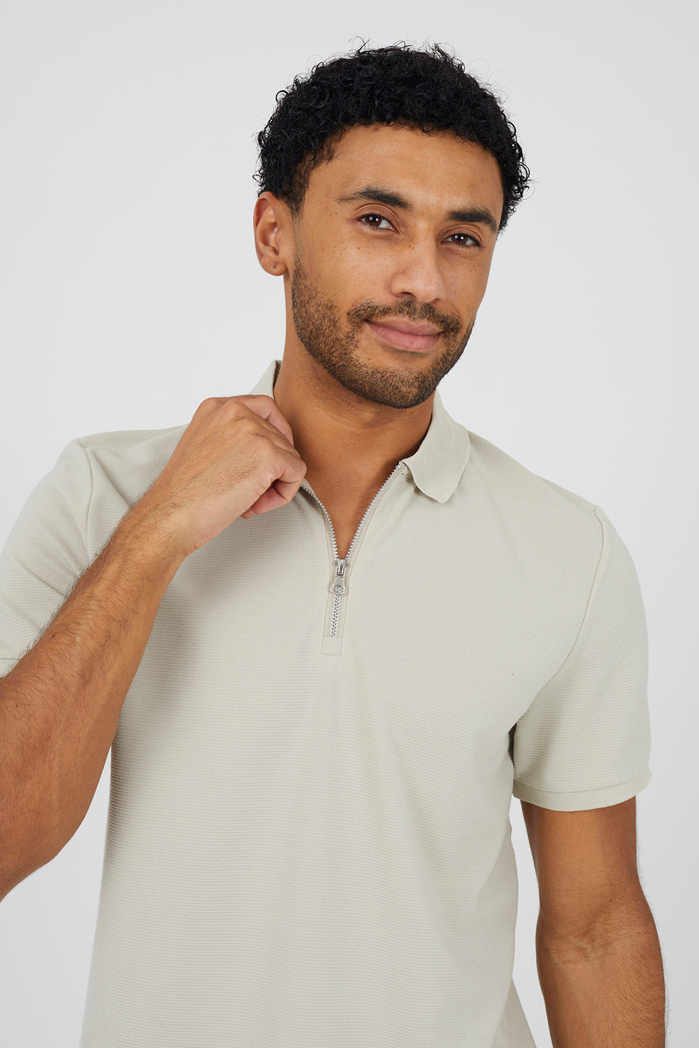 Brave Soul Light Stone Textured Short Sleeve Quarter Zip Polo Shirt - Light Stone Image 4
