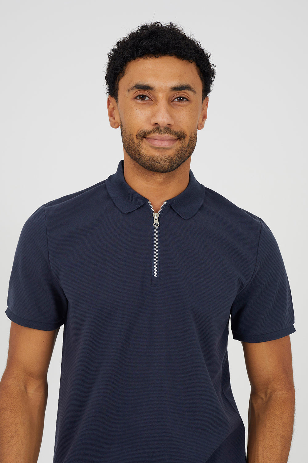 Brave Soul Navy Textured Short Sleeve Quarter Zip Polo Shirt - Navy Image 4