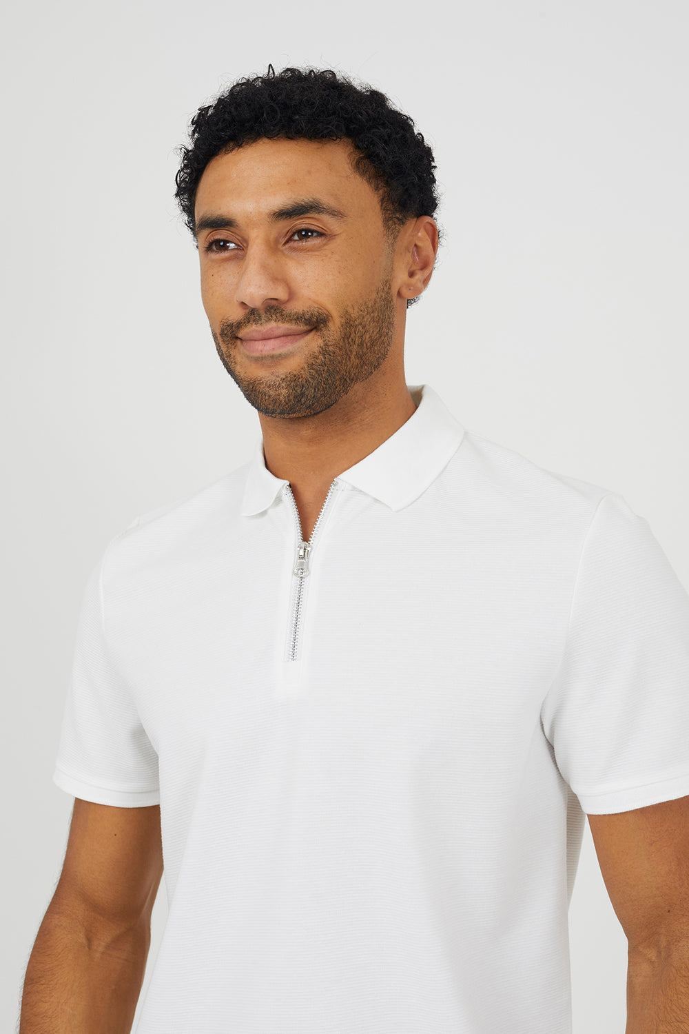 Brave Soul Cream Textured Short Sleeve Quarter Zip Polo Shirt - Cream Image 4
