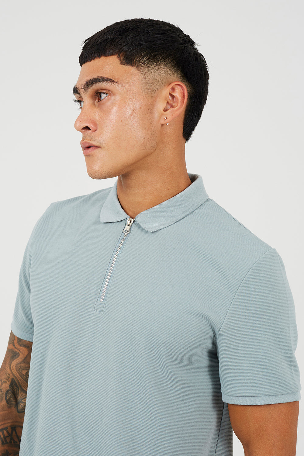 Brave Soul Light Blue Textured Short Sleeve Quarter Zip Polo Shirt - Light Blue Image 4