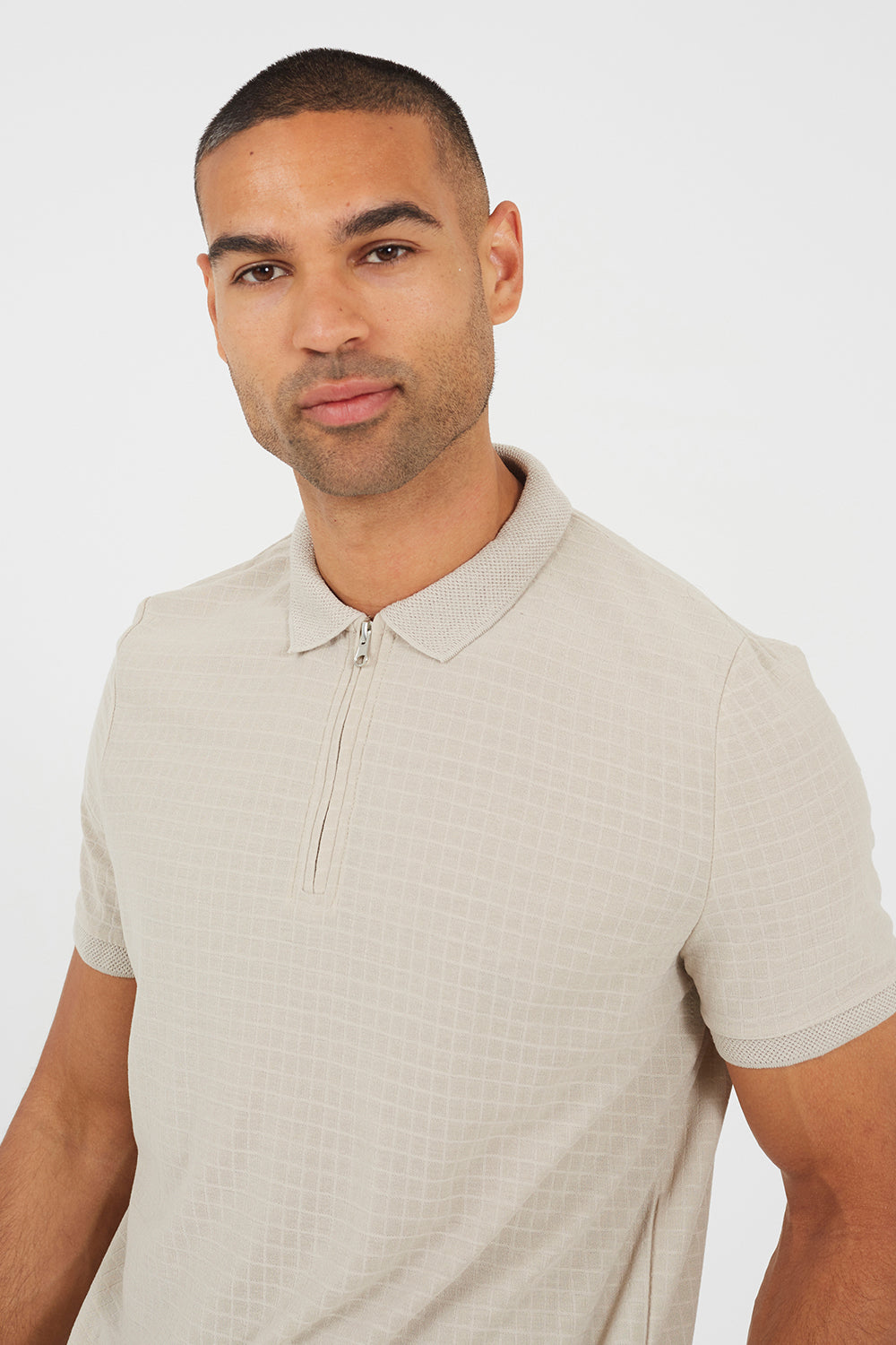 Brave Soul Stone Zip-Neck Polo Shirt - Stone Image 4