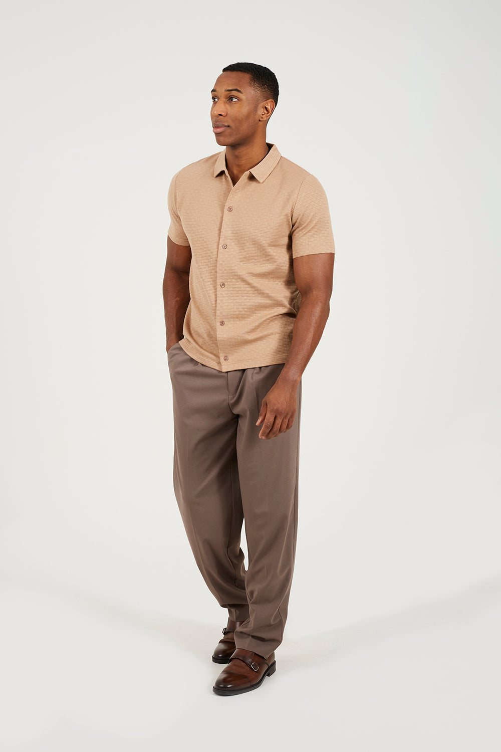 Brave Soul Taupe Short Sleeved Textured Shirt - Taupe Image 3