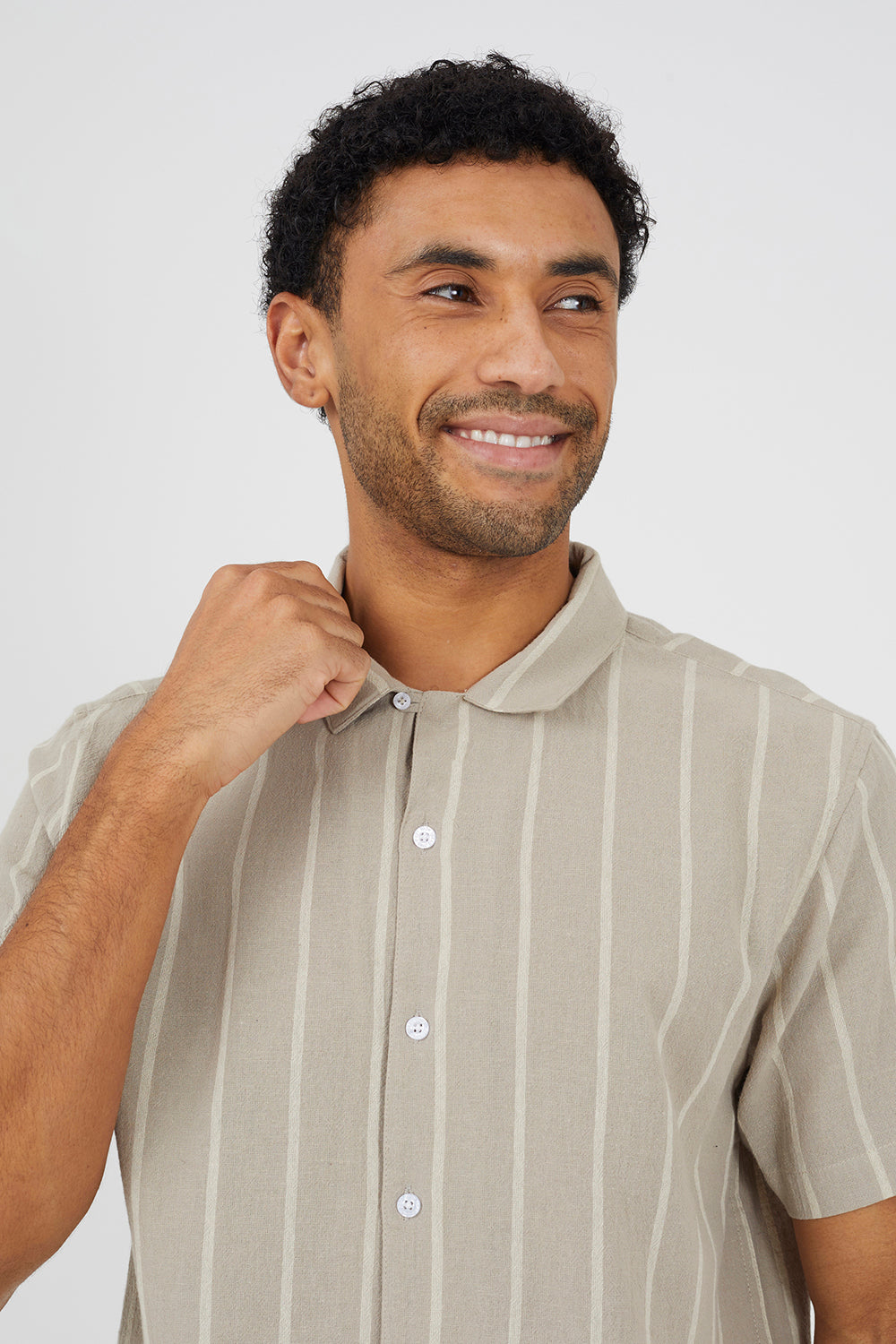 Brave Soul Stone Cotton Short Sleeve Stripe Shirt With Linen - Stone Image 4