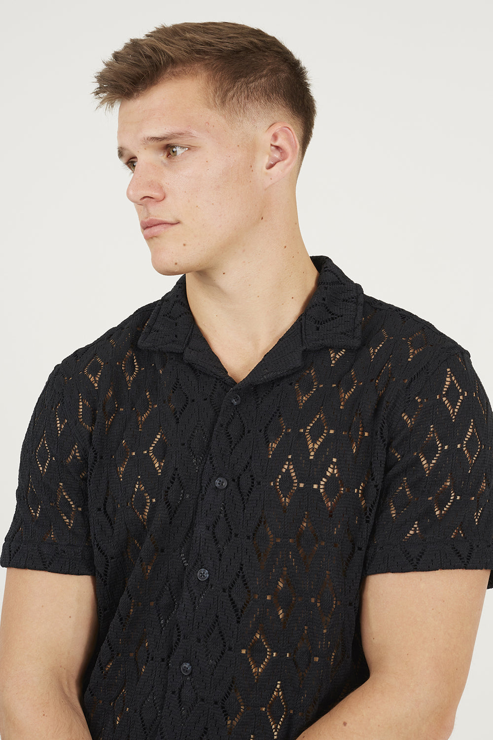 Brave Soul Black Geometric Crochet Short Sleeve Shirt - Black Image 4