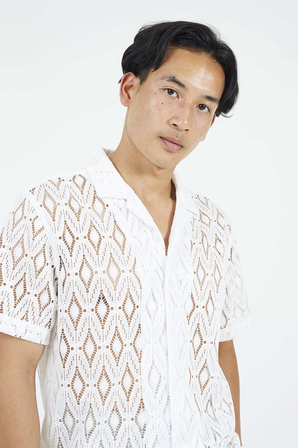 Brave Soul White Geometric Crochet Short Sleeve Shirt - White Image 4