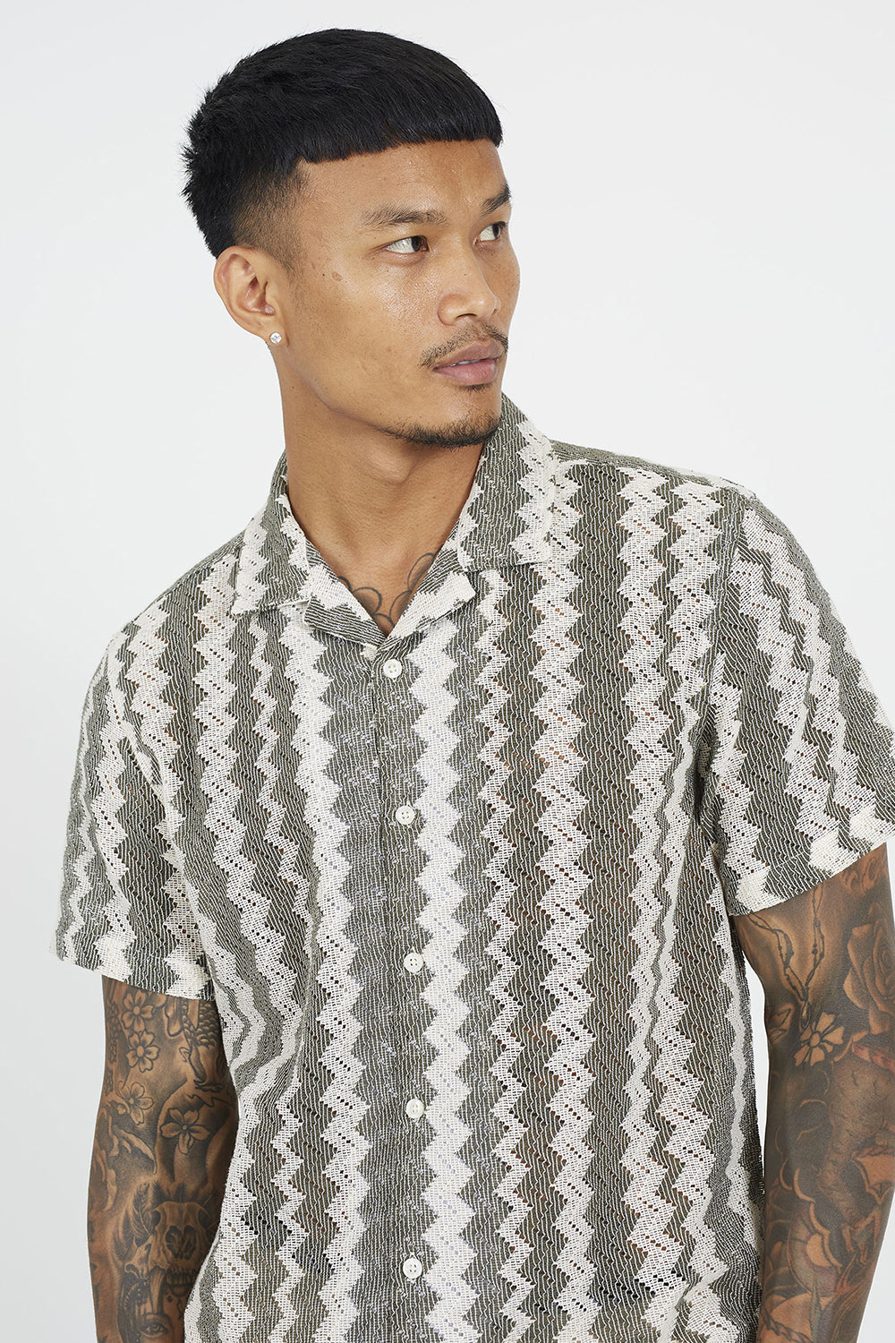 Brave Soul Natural Zig Zag Stripe Short Sleeve Shirt - Natural Image 4