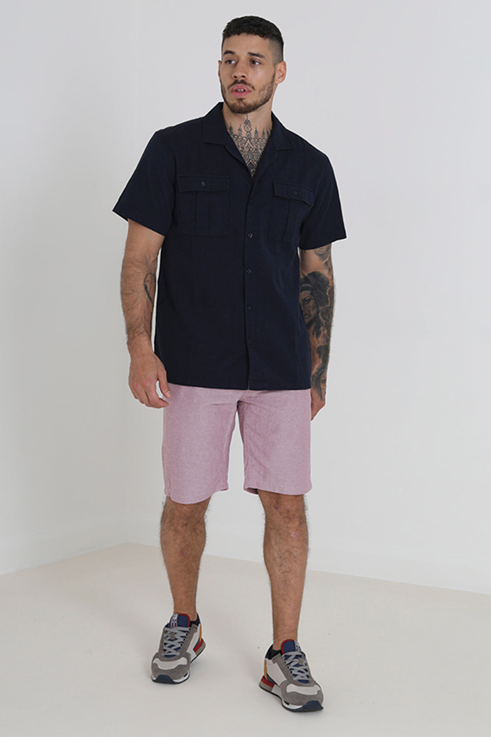 Brave Soul Navy Cotton Short Sleeve Revere Collar Shirt With Linen - Navy Image 3