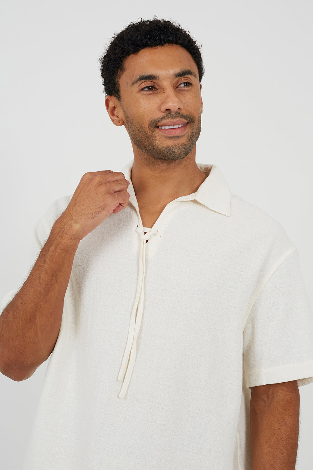 Brave Soul Cream Cotton Open Collar Shirt With Tie Detail - Cream Image 4