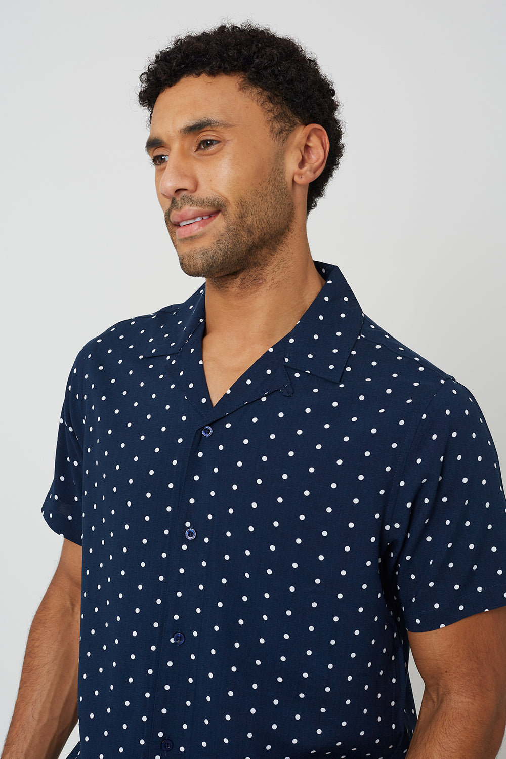 Brave Soul Navy Revere Collar Polka Dot Short Sleeve Shirt - Navy Image 4