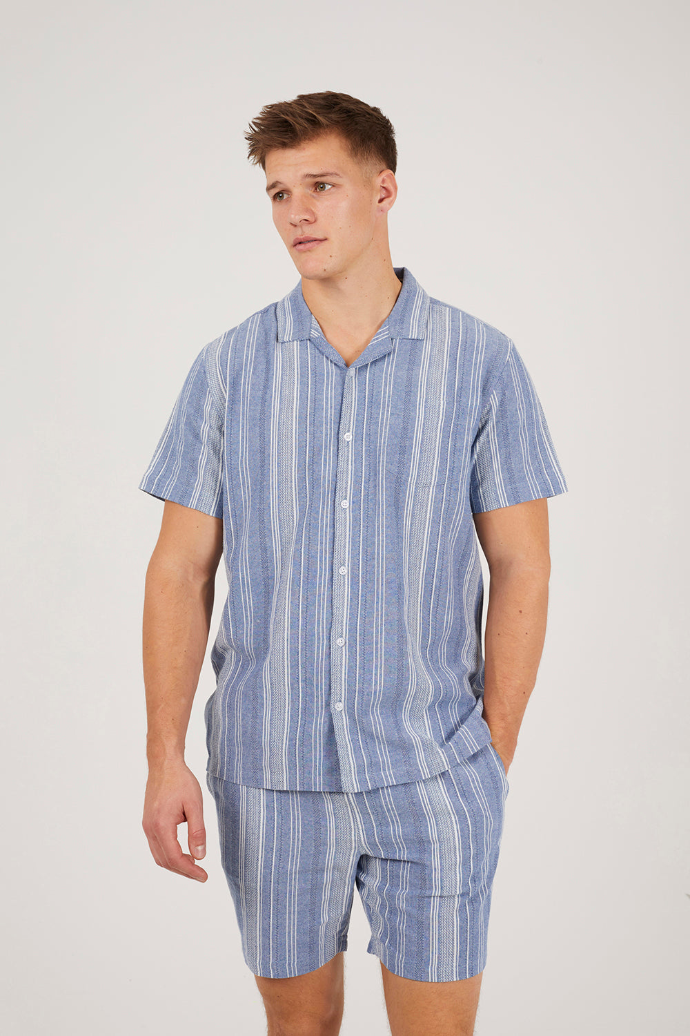 Brave Soul Blue Striped Cotton Shorts - Blue Image 5