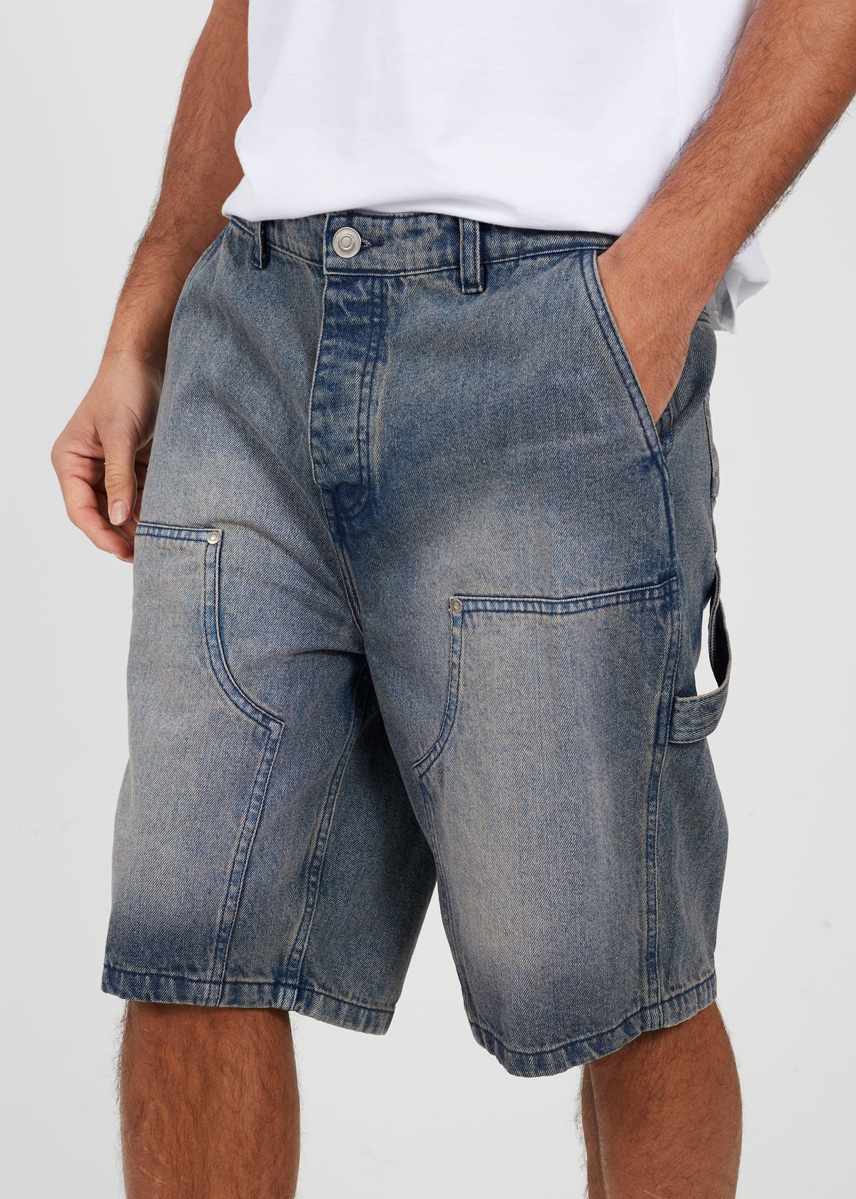 Brave Soul Mid Blue Loose Fit Carpenter Style Denim Shorts - Mid Blue Image 4