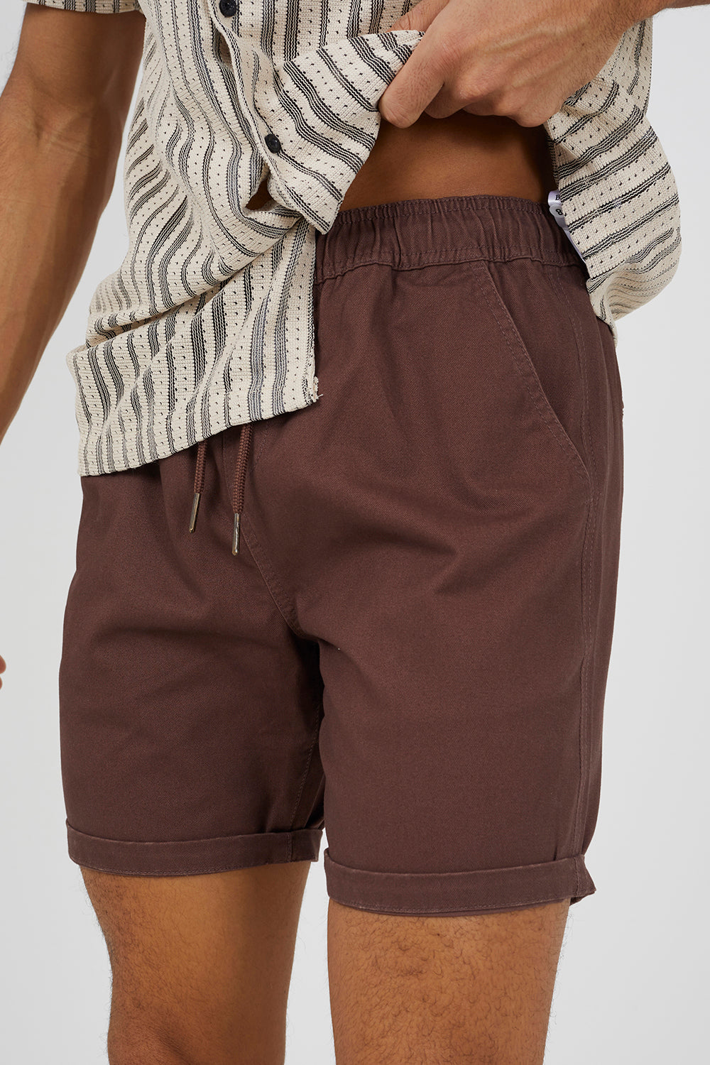 Brave Soul Chocolate Cotton Chino Shorts with Turn Up Hem - Chocolate Image 4