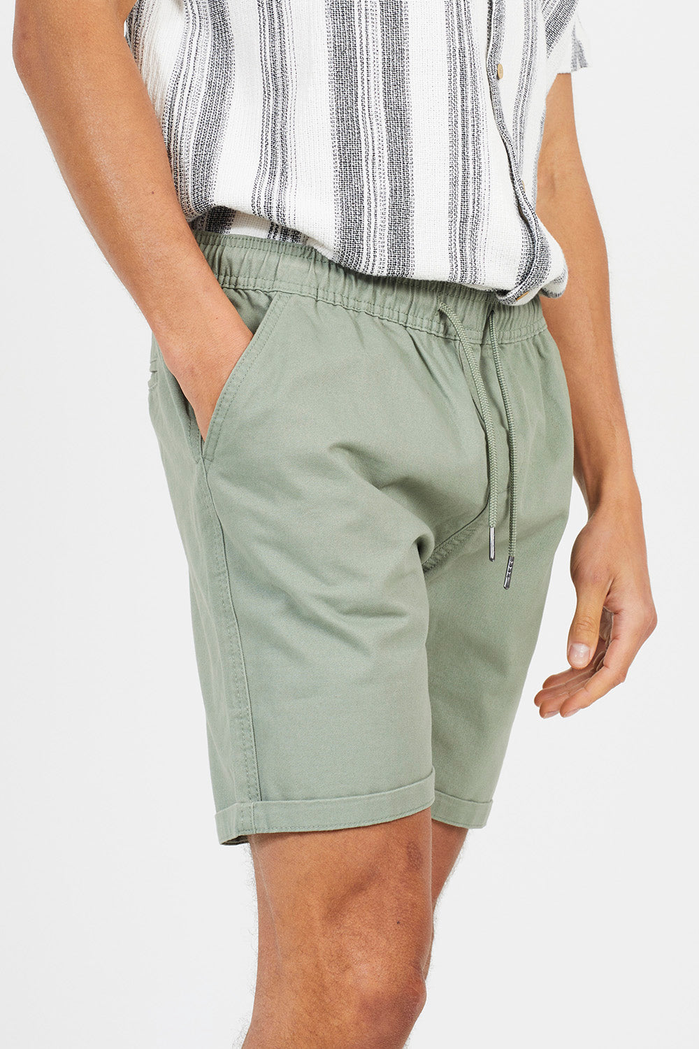Brave Soul Pale Green Cotton Chino Shorts with Turn Up Hem - Pale Green Image 4