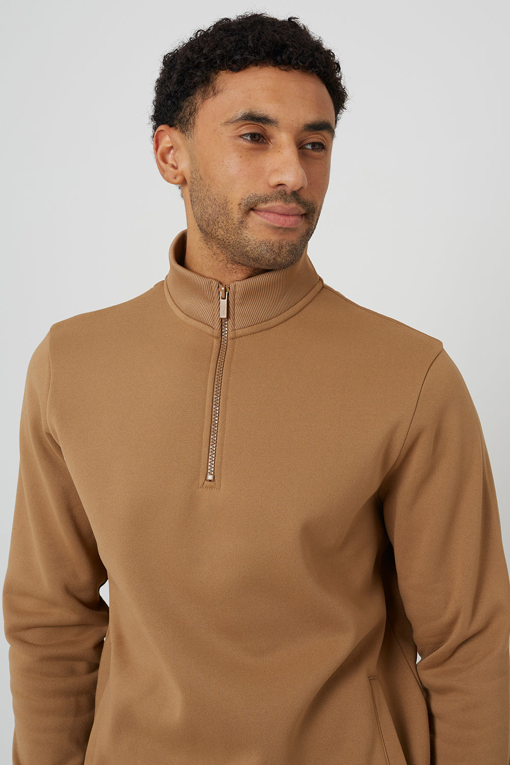 Brave Soul Camel Funnel Neck 1/4 Zip Sweatshirt - Camel Image 4