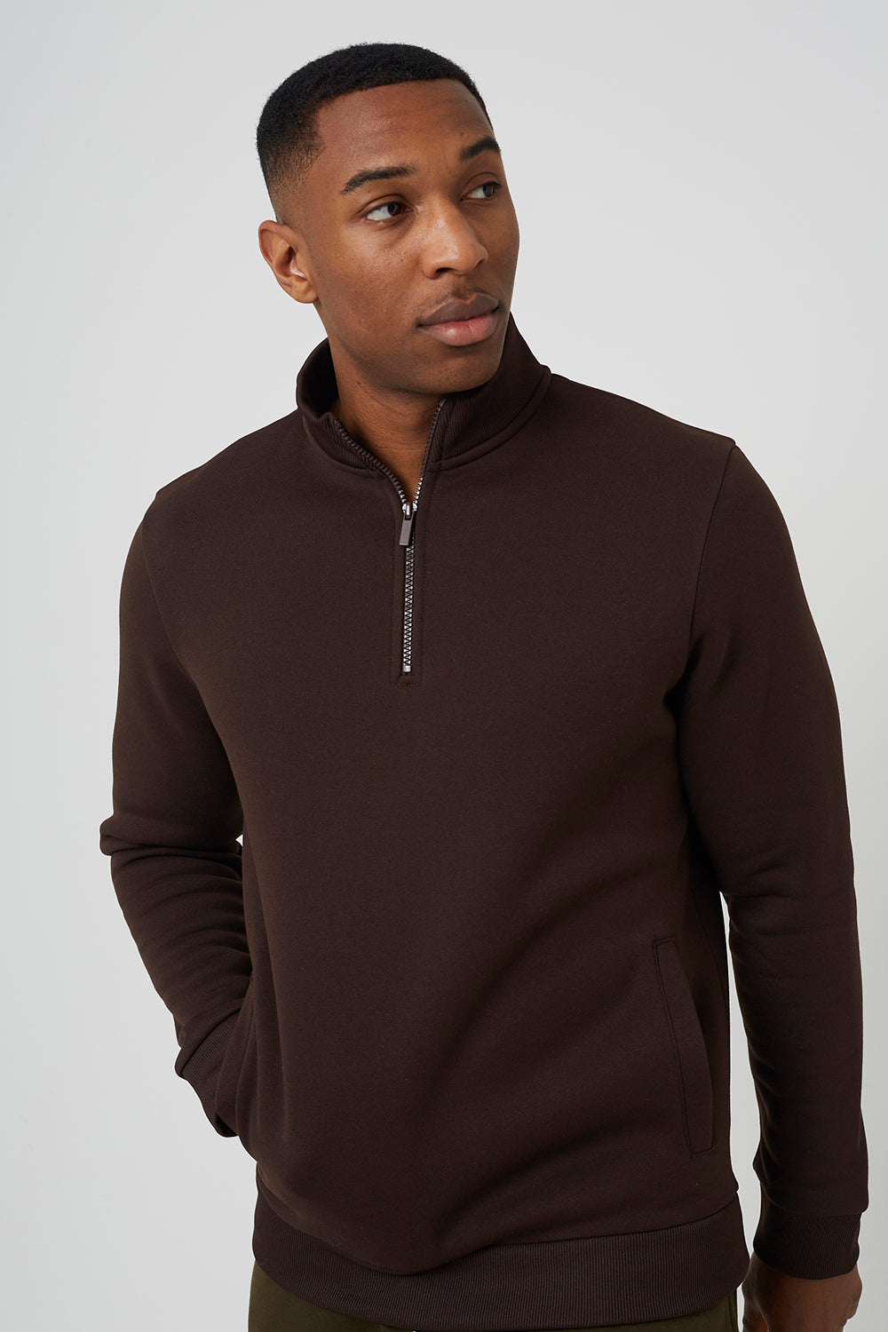Brave Soul Chocolate Funnel Neck 1/4 Zip Sweatshirt - Chocolate Image 4